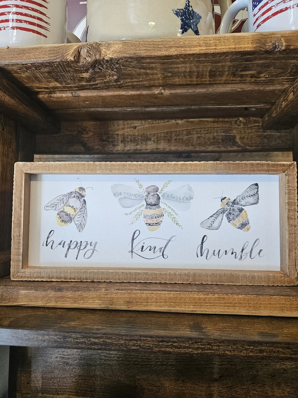 Rustic Bee Trio Wall Sign - Happy Kind Humble - Neutral Yellow and Gray